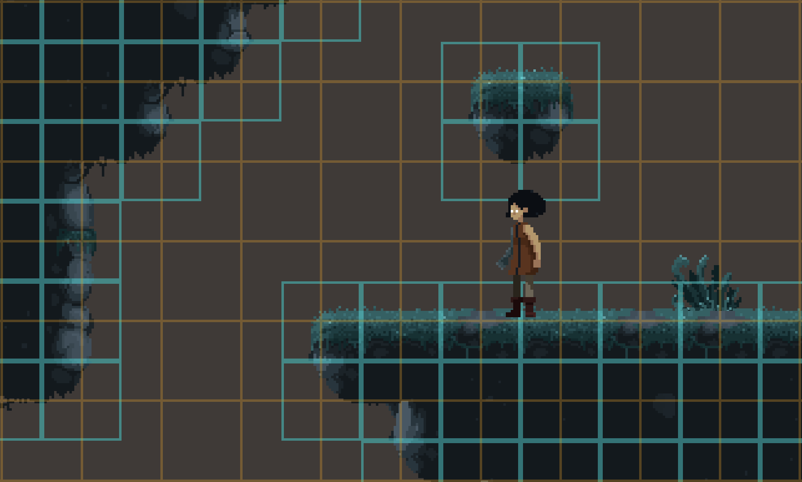 Final tilset using the dual grid. The __orange grid__ is the level design / collision grid, and the __cyan rectangles__ are the visual tiles boudaries. Notice how the shape of the ground is able to naturally cross orange boundaries